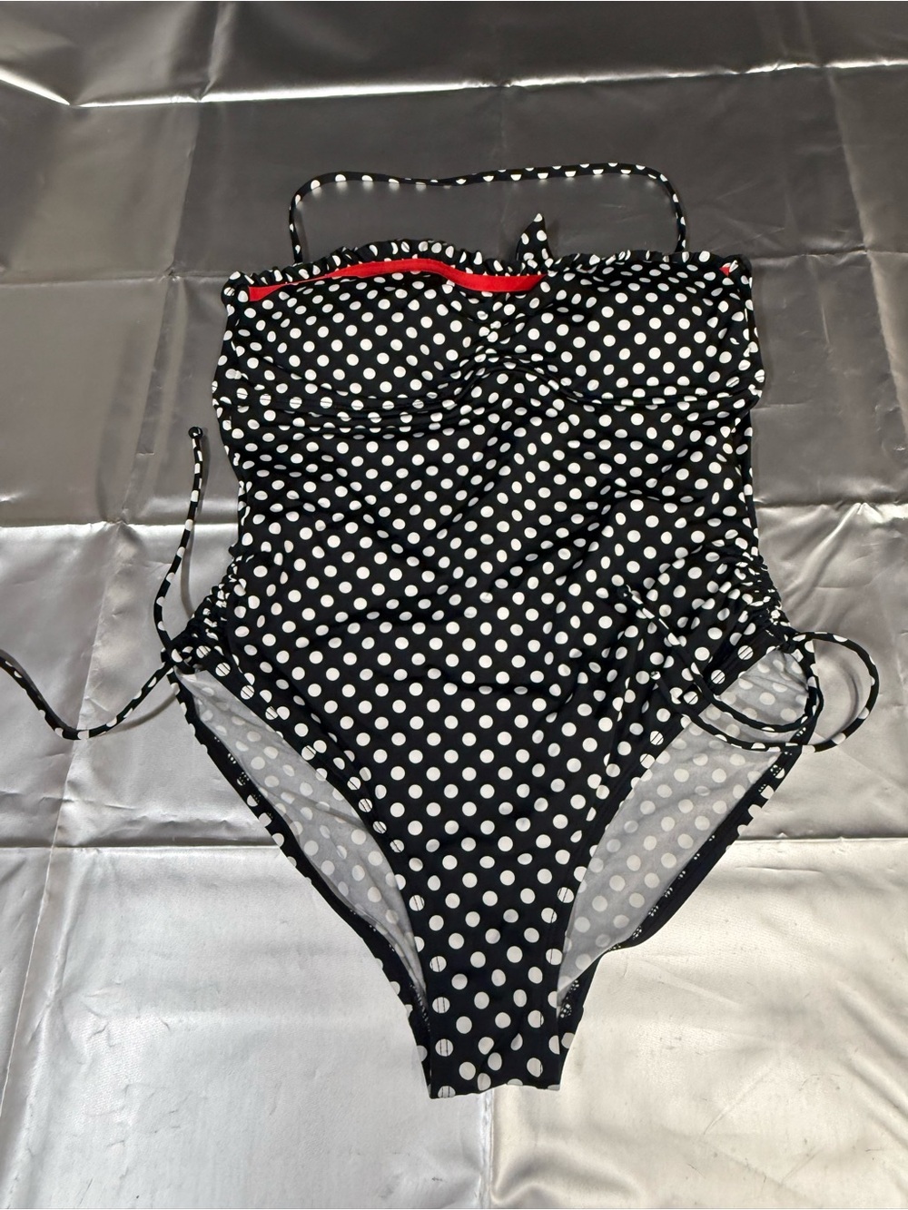 Kenneth Cole Black and White Polka Dot One-Piece Swimsuit with Red Trim - Women